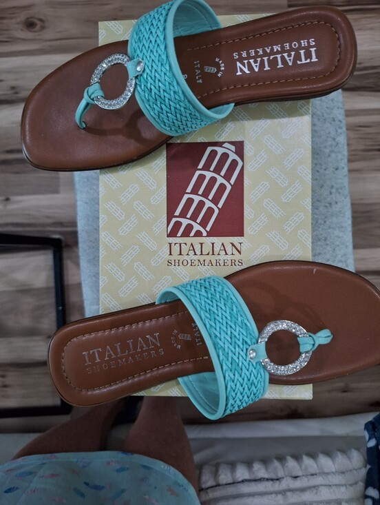 Italian Shoemakers Shoes - Italian Shoemakers Turquoise Braided  Sandals with Rhinestone Ring Accent